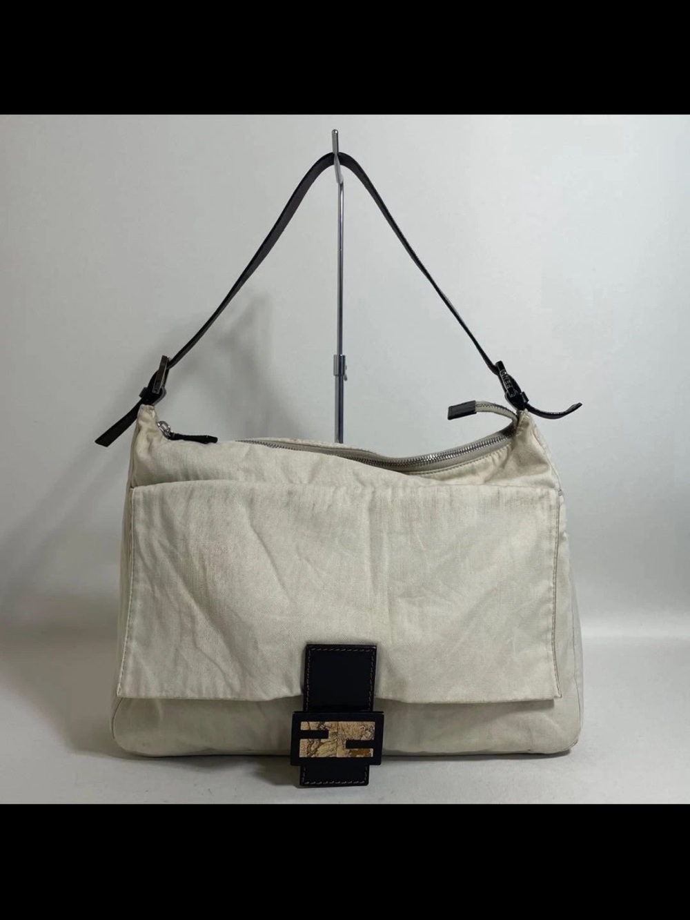 Fendi Cream Shoulder Bag with Black Strap and Gold-Tone Logo